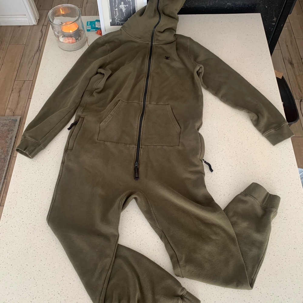 OnePiece Original Jumpsuit Mens Large Olive Green Full Zip Hooded Fleece Romper
